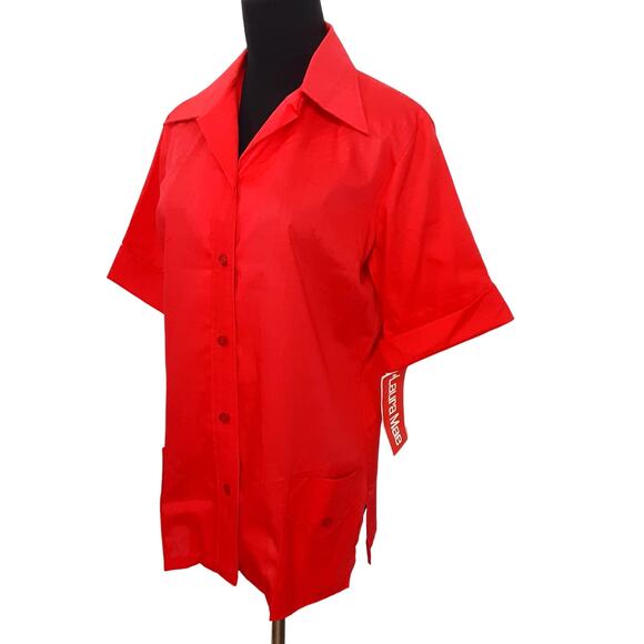 Vintage 1960s Dagger Collar Tunic Top Button Down Roll Cuff Sleeve Cherry Red - Picture 3 of 15